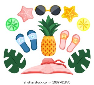 Cute pink summer time weekend vacation holiday beach set. Flat cartoons vector illustration icons. Isolated on white. Palm leaves, pineapple, glasses, starlet, lime, slaps. Male, female, boy girl set.