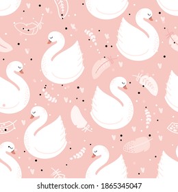 Cute pink swans on a white background with flowers. Seamless pattern in Scandinavian cartoon style