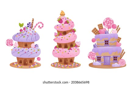 Cute pink sweet candy houses set. Lovely cottages made of sweets cartoon vector illustration