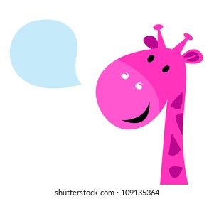 Cute pink talking giraffe isolated on white