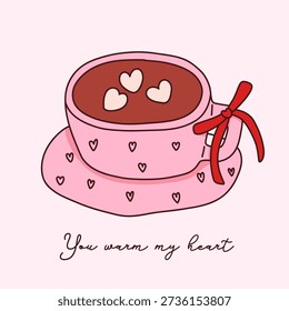 Cute pink tea cup on a saucer vector with hearts and a red bow. You warm my heart romantic message vector. Valentines Day tea party illustration. Cozy sweet vector design