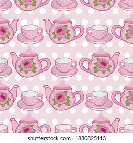 Cute pink tea pot and cup vintage seamless pattern