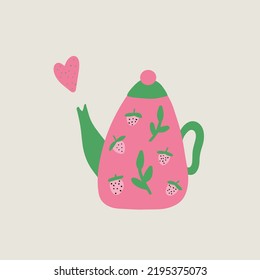 Cute pink tea pot and a heart. Illustration of loving tea. Hand drawn vector. 