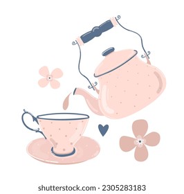 Cute pink tea set with pot, cup and flowers. Love tea