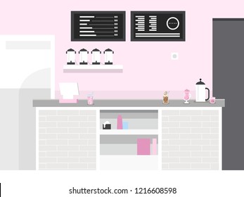 cute pink tea/coffee corner, sell coffee, store flat illustration