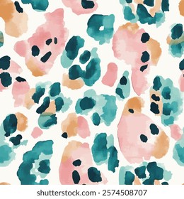 Cute pink and teal tiger skin spot seamless with watercolor background. animal skin vector illustration. Watercolor print in rustic vintage style, textile or wallpapers.