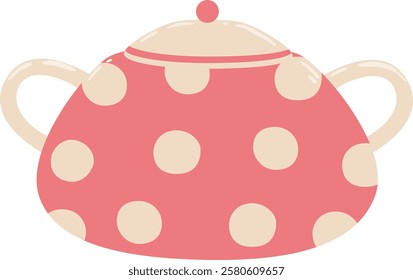 Cute pink teapot adorned with beige polka dots and a charming lid, resting on a white background, offering an ideal solution for storing and serving tea to guests