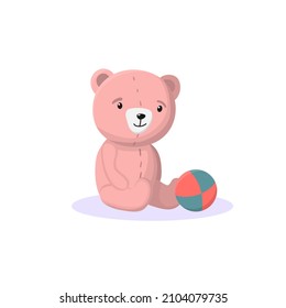Cute pink teddy bear with a ball sits. Vector illustration on white isolated background