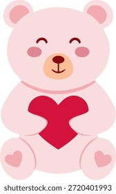 Personaje de oso de peluche rosa lindo sentado y sosteniendo un corazón rojo, mascota de juguete de peluche kawaii para el día de San Valentín y el vivero, Ilustración vectorial plana