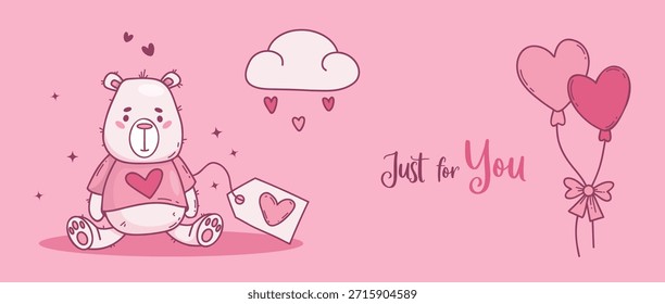 Lindo oso de peluche rosa con etiqueta de regalo y globos del corazón. Anuncio de Ilustración vectorial. Fondo Horizontal del Día de San Valentín y Plantilla de cabecera. No es IA