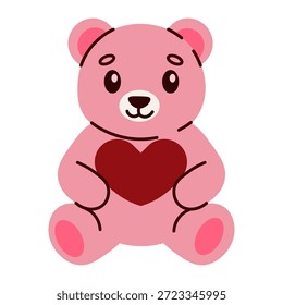 Cute pink teddy bear holding a red heart flat vector illustration, perfect for Valentine's Day gifts, romantic cards, and nursery decor isolated on a white background