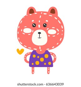 Cute pink teddy bear in purple dress standing. Funny lovely animal colorful cartoon character vector Illustration