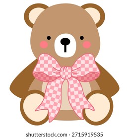 Lindo oso de peluche rosa sentado con una cinta rosa, ilustración de dibujos animados dulce perfecto para el bebé, el amor y el diseño de regalo de San Valentín
