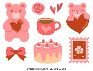 Cute pink teddy bear and sweets vector illustration set for Valentine's Day 
