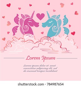 Cute pink template with pink and blue Unicorns with wings in clouds. It can be used for wedding, invitation, birthday, St. Valentine's Day, party, child birth, greetings. Vector illustration.