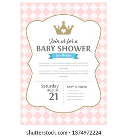 Cute pink templates for invitations. Vintage gold frame with crown. A little princess party. Baby shower, wedding, girl birthday invite card. Can be used for printing in A5 paper. 