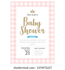 Cute pink templates for invitations. Vintage gold frame with crown. A little princess party. Baby shower, wedding, girl birthday invite card. Can be used for printing in A5 paper. 