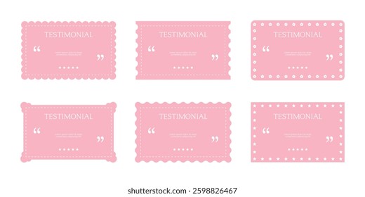 Cute pink testimonial template backgrounds for customer feedback review rating text message notes speech bubble quote empty space box rating star in simple minimalist layout