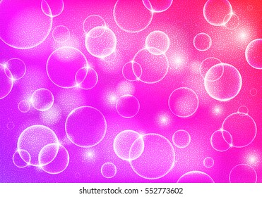 Cute Pink Textured Background with White Shiny Circles. Abstract Vector Banner. Glowing Romantic Concept for Valentines Day.