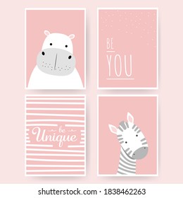 Cute pink theme hippo and zebra cartoon doodle greeting card for nursery