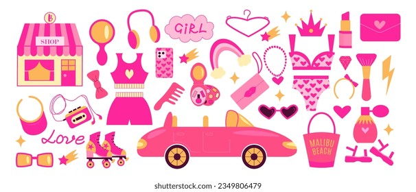 Cute pink trendy set, pink doll aesthetic accessories and clothing. Vector illustration flat style