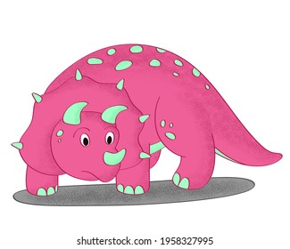 Cute pink triceratops with green spots with trendy grain textured shadow. Vector Grain style illustration.