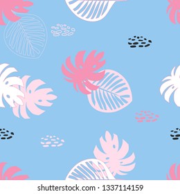 Cute pink tropical leaf seamless pattern on light blue background in flat girly cartoon style. Great for fabric, surface, background, wallpaper, female kids design.