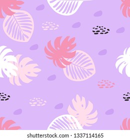 Cute pink tropical leaf seamless pattern on soft purple violet background in flat girly cartoon style. Great for fabric, surface, background, wallpaper, female kids design.