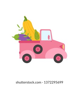 Cute Pink Truck with Giant Zucchini and Eggplant, Side View, Food Delivery, Shipping of Fresh Garden Vegetables Vector Illustration