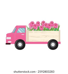 Cute pink truck loaded with fresh pink tulips, perfect for Mother’s Day and spring celebrations