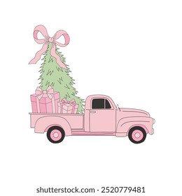 Cute pink truck with Xmas tree and gifts vector clip-art isolated on white. Coquette Christmas illustration