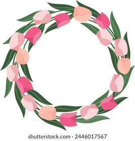 cute pink tulip flowers wreath frame border garland hand drawn clipart element vector illustration for invitation greeting birthday party celebration wedding card poster banner background wallpaper