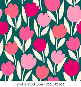 Cute pink tulip seamless pattern with dark green background.