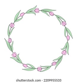 Cute pink tulips floral wreath. Spring flowers round frame isolated on white background. Wedding, birthday card, invitation template