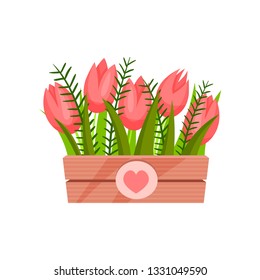 Cute pink tulips with green leaves in wooden box. Natural composition. Spring flowers. Nature theme. Flat vector icon