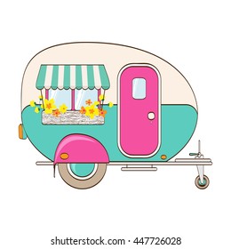 Cute pink and turquoise camper. Window with an awning and flower boxes. Vector illustration. Print on fabric, clothes, papers and posters.