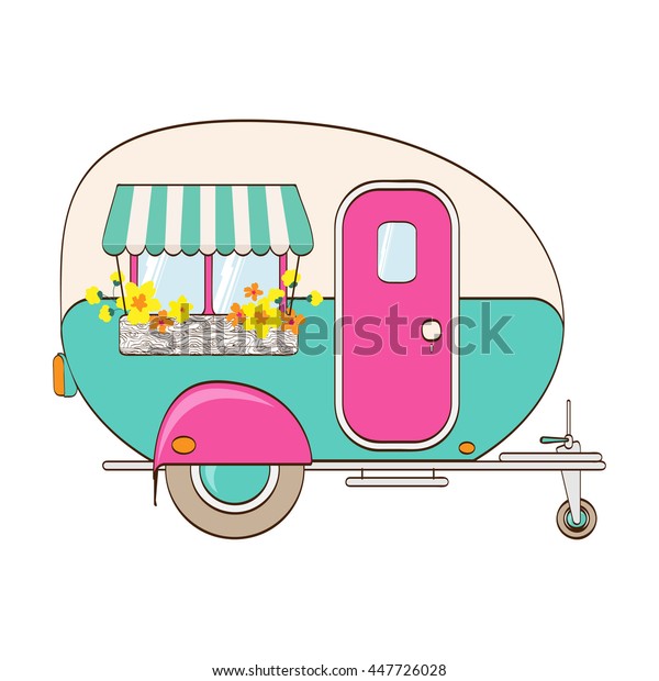 Cute pink and turquoise camper. Window with an\
awning and flower boxes. Vector illustration. Print on fabric,\
clothes, papers and\
posters.