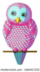 Cute pink and turquoise owl sitting on a branch. Isolated character bird owl on white background, vector. Originally designed character, complex design of vector pink and turquoise teal cyan owl.