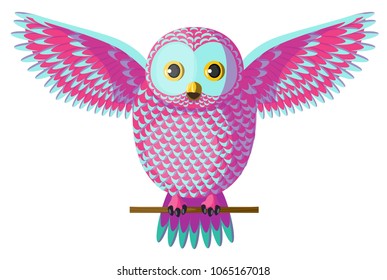 Cute pink and turquoise owl sitting on a branch with spreading wings. Isolated character bird owl on white background, vector. Originally designed character, vector pink and turquoise teal cyan owl.