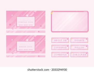 Cute Pink Twitch Stream Facecam Overlay. Starting Soon. Ending Soon, And Panels Template