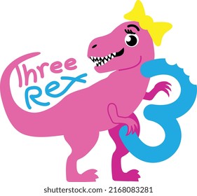 The cute pink Tyrannosaurus Rex carries number three. Cartoon Trex. Design for baby boy and girl birthday on white background. Happy Birthday Card for a Child for Three Years.