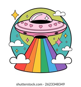 Cute Pink UFO with Rainbow Beam and Hearts Cartoon Illustration
