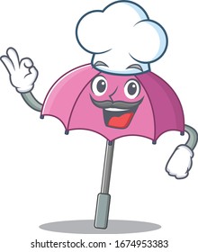 Cute pink umbrella cartoon character wearing white chef hat