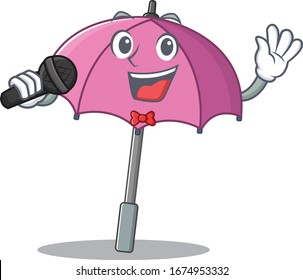 Cute pink umbrella sings a song with a microphone