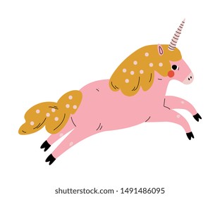 Cute Pink Uncorn, Adorable Juming Fantasy Animal Character, Side View Vector Illustration