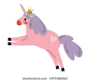 Cute Pink Uncorn in Golden Crown, Adorable Fantasy Animal Character, Side View Vector Illustration