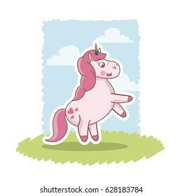 cute pink unicorn baby character grass sky