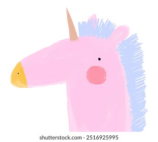 Unicornio rosa lindo con melena de caballo azul. Caballo mágico divertido de Fary Tale. Gráfico dibujado a mano con unicornio sobre un fondo blanco. Arte vectorial de la guardería ideal para el arte de la pared, cartel. Decoración de la habitación de los niños. RGB