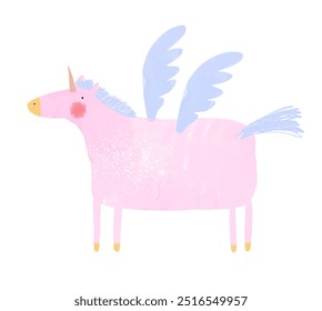 Cute Pink Unicorn with Blue Wings. Funny Magic Horse from Fary Tale. Hand Drawn Graphic with Unicorn on a White Background. Nursery Vector Art Ideal for Wall Art, Poster. Kids' Room Decoration. RGB.