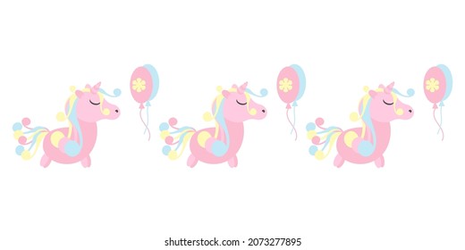 Cute pink Unicorn border. Vector greeting card for the birthday party of the child.